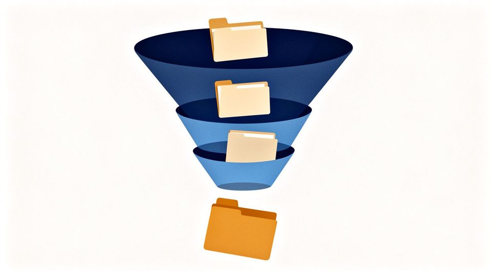 Illustration of a four-stage blue funnel with folder cards moving down and one card arriving at the bottom