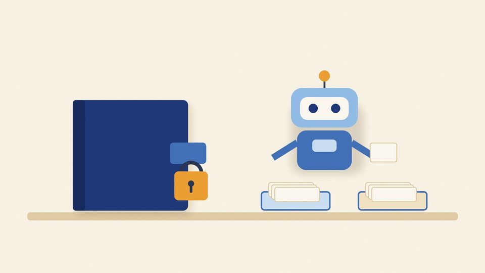 Illustration of a closed ledger held shut by an amber padlock, beside a small robot sorting blank cards into two trays