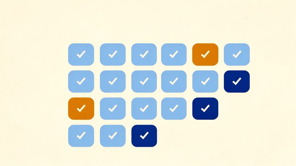 Illustration of a grid of rounded squares, most ticked in light blue, a few amber squares marking holidays