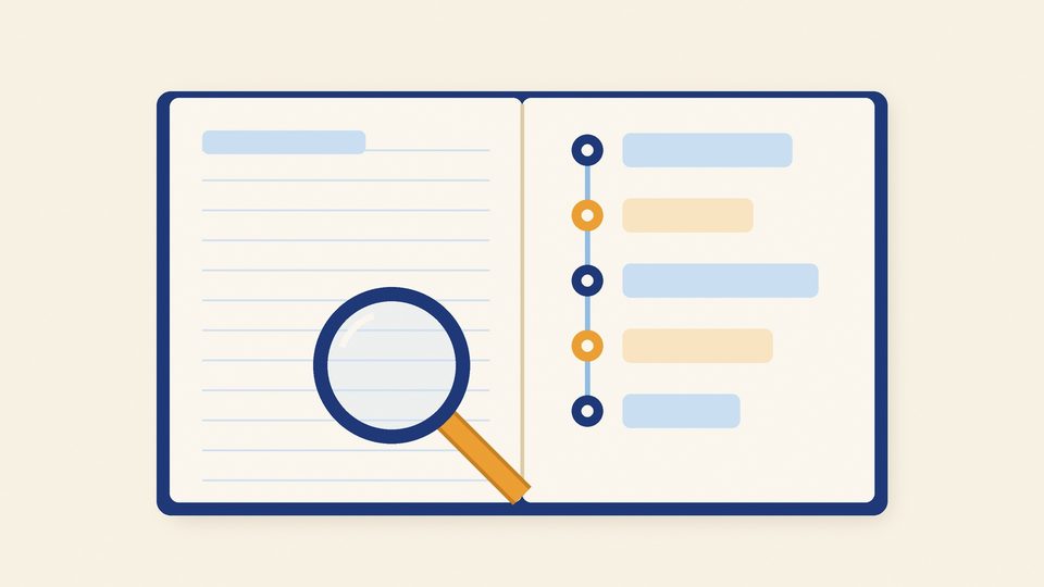 Illustration of an open notebook with a vertical timeline of dots and blank tags on one page and a magnifying glass resting on the other