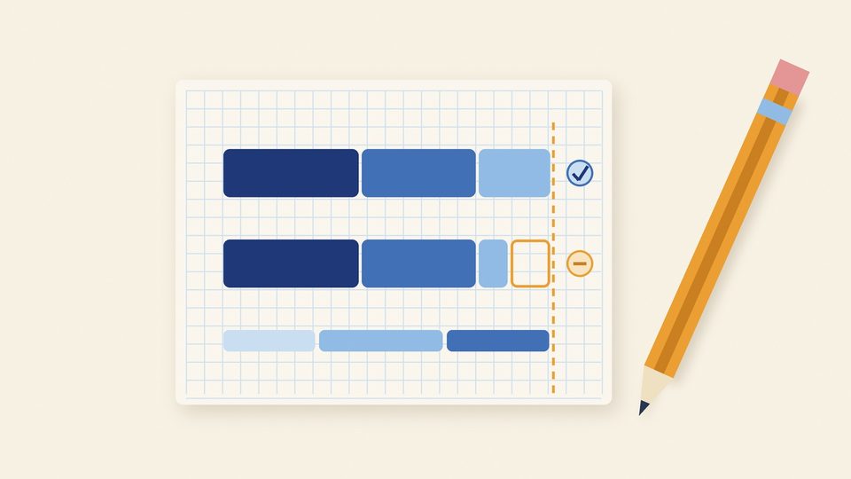 Illustration of a sheet of graph paper with two bars of blue blocks, one reaching a dashed amber line and ticked, the other falling short with an outlined gap, and a pencil beside it