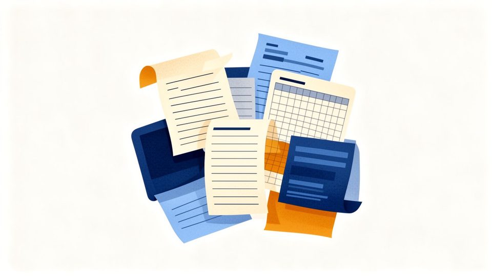 Illustration of loose registers and spreadsheet sheets being gathered into one tidy board