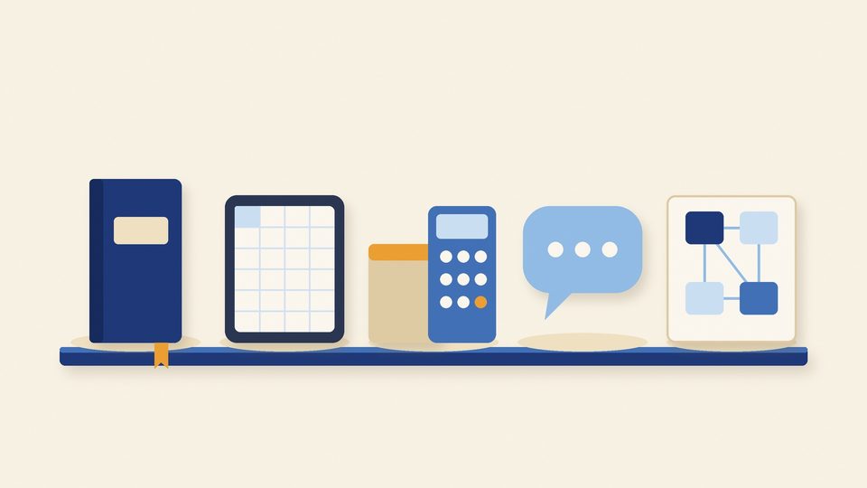 Illustration of five objects on a shelf: a bound register, a tablet with an empty grid, a calculator beside a ledger, a chat bubble and a small board of linked cards