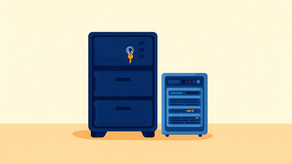 Illustration of a locked deep blue filing cabinet with a key in its lock beside a small server cabinet