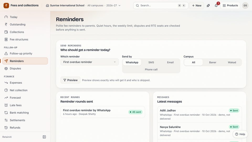 Screenshot from the made-up demo school: the Reminders page, with the reminder to send, the channel (WhatsApp, SMS, email or phone call), the preview button, recent rounds and the latest messages marked demo, not delivered