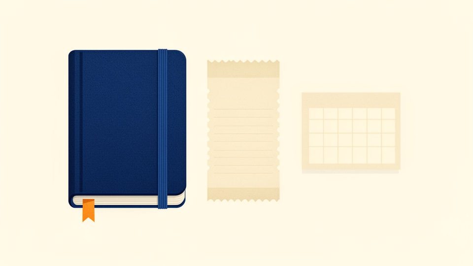 Illustration of a deep blue ledger book, a cream receipt slip with a zigzag edge and a small wall planner