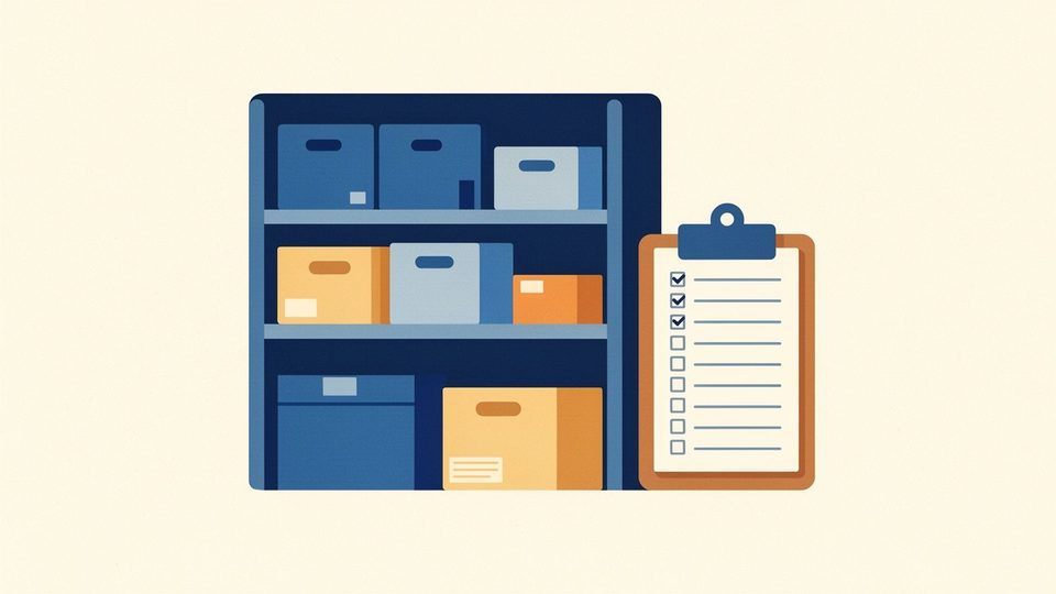 Illustration of storeroom shelves with boxes of different sizes and a tick-list clipboard beside them