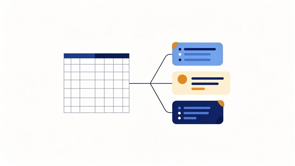 Illustration of a spreadsheet grid on the left turning into connected record cards on the right