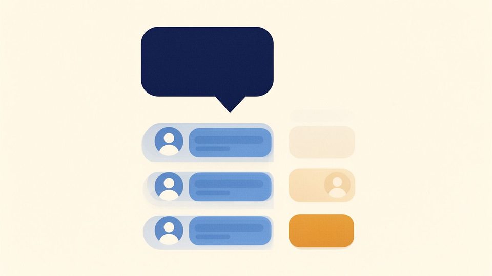 Illustration of a large dark blue message bubble above a column of recipient cards, some faded
