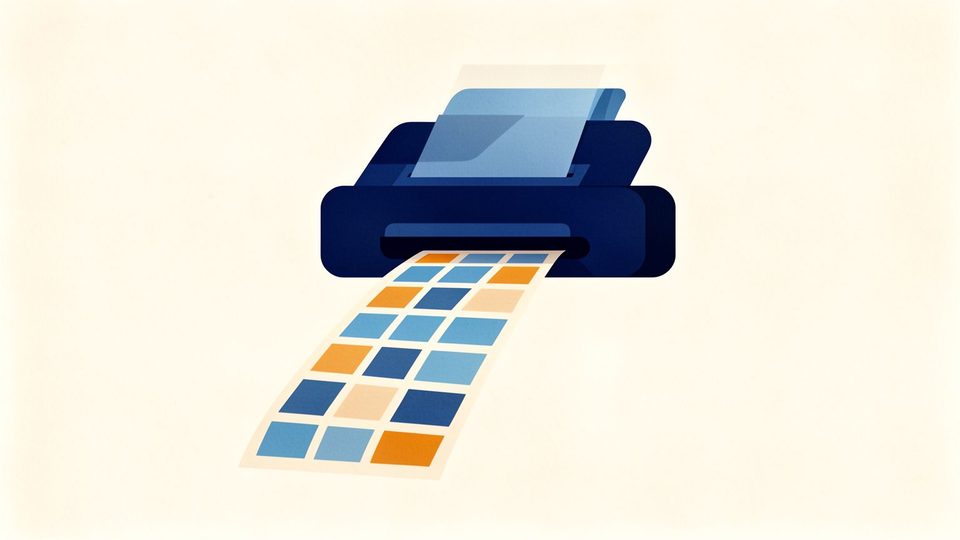Illustration of a ribbon of small coloured cells flowing out of a desktop printer