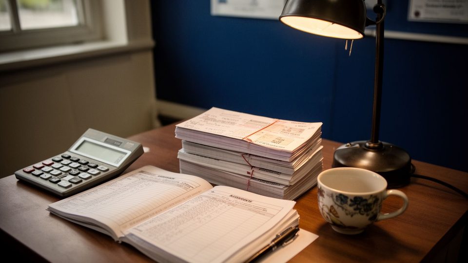 Illustration: an accounts counter with a calculator, an open ledger and receipt books