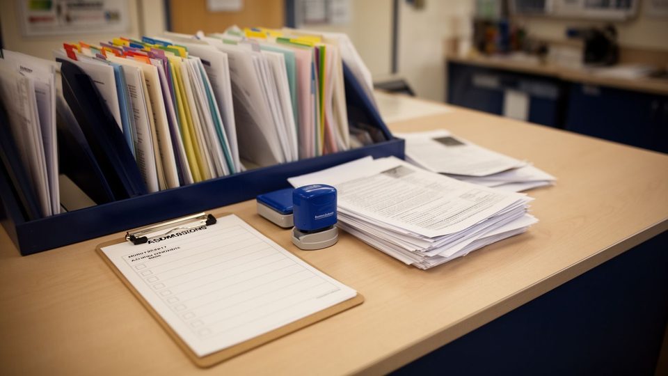 Illustration: an admissions desk with document folders, tab dividers and a blank checklist