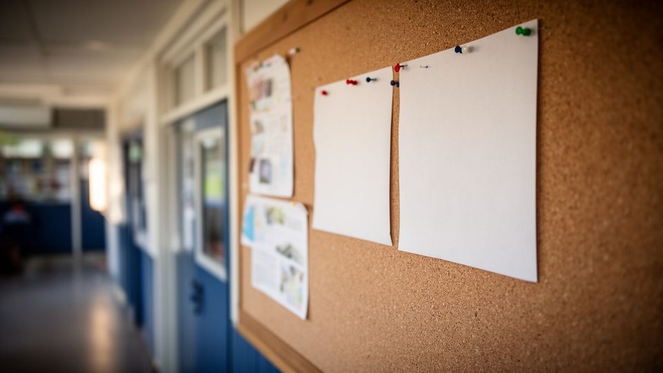 Illustration: blank notices pinned to a cork board in a school corridor