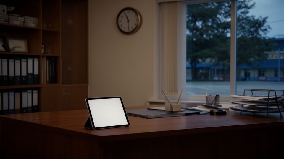 Illustration: an empty principal's office at dusk with a tidy desk and a tablet
