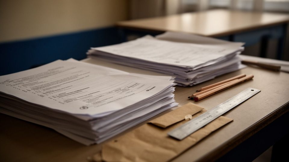 Illustration: stacks of question papers face down beside a sealed envelope, pencils and a ruler
