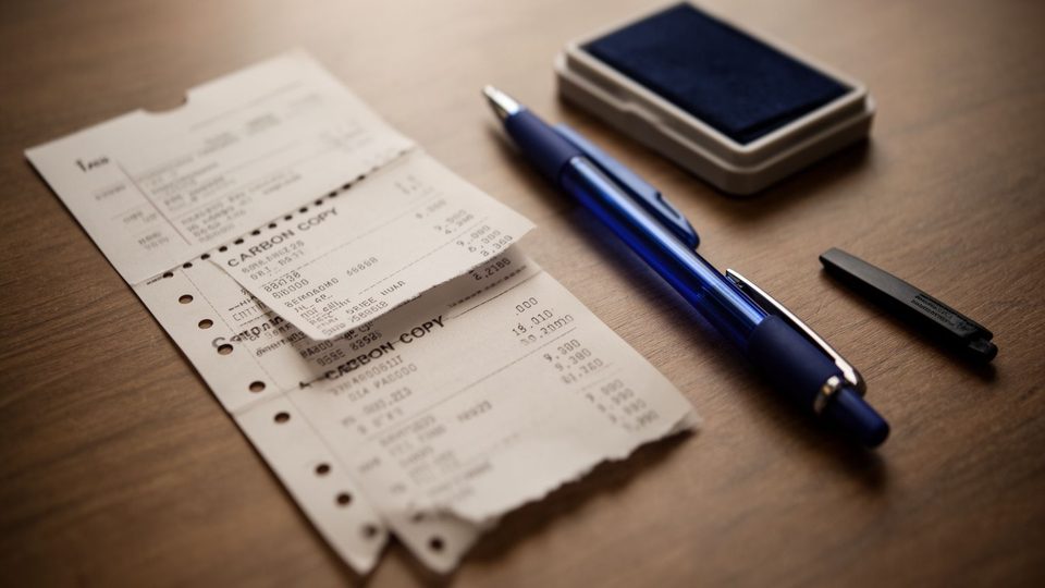 Illustration: a carbon receipt book with perforated slips, a pen and an ink pad