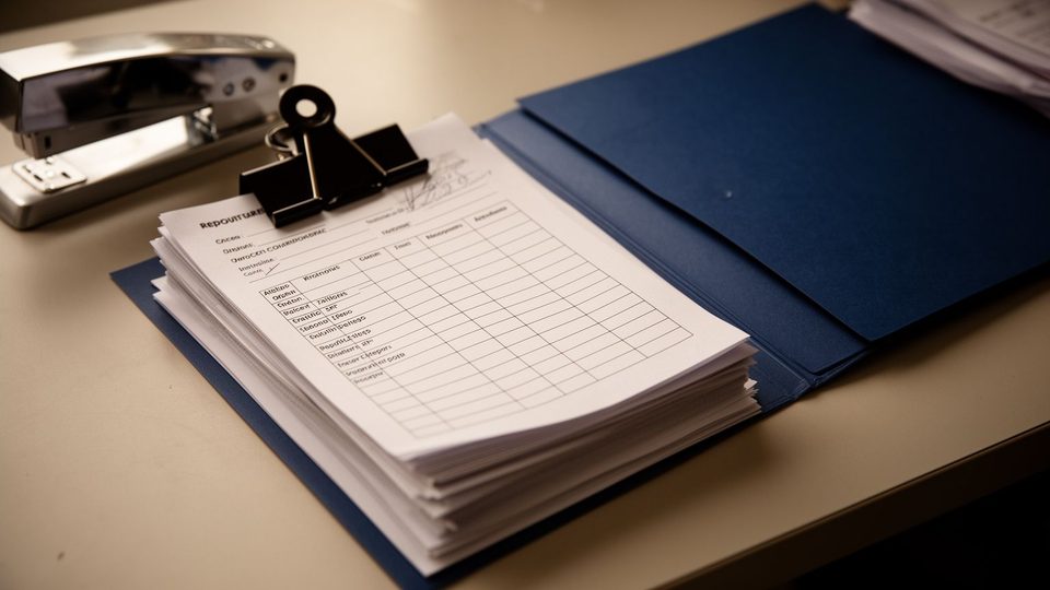 Illustration: a stack of printed report-card sheets held by a binder clip beside a blue folder