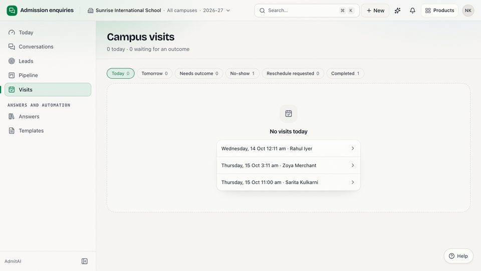 Screenshot from the made-up demo school: the visit desk with tabs for today, tomorrow, needs outcome, no-show, reschedule requested and completed, and the upcoming campus visits