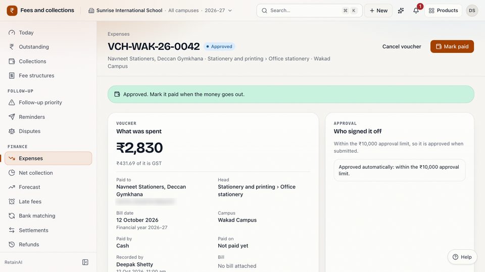 Screenshot from the made-up demo school: one voucher within the ₹10,000 limit, approved on submission and not yet paid, with what was spent and who signed it off (GSTIN blurred)