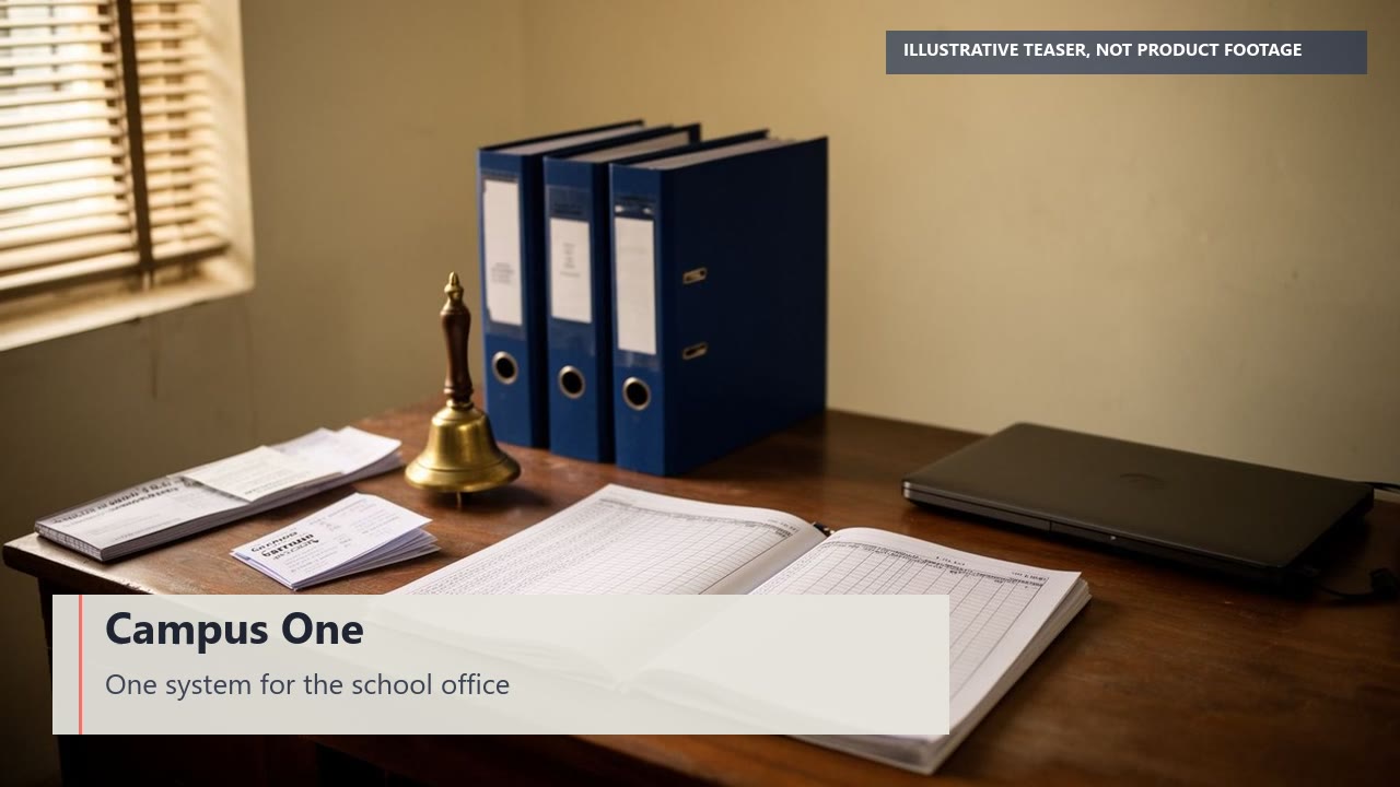 Poster frame. Silent teaser of about 27 seconds: illustrations of a school office (register, admissions desk, receipt book, question papers, report cards, notice board, store room) and the real Campus One sign-in page